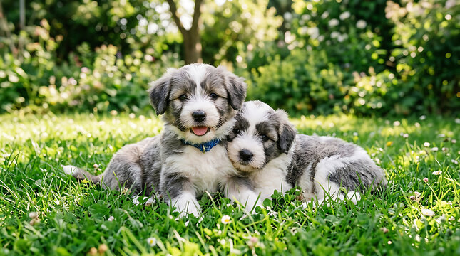 Two cute merle australian shepherd puppies resting in green grass in a garden with shepherd domestic portrait friendly