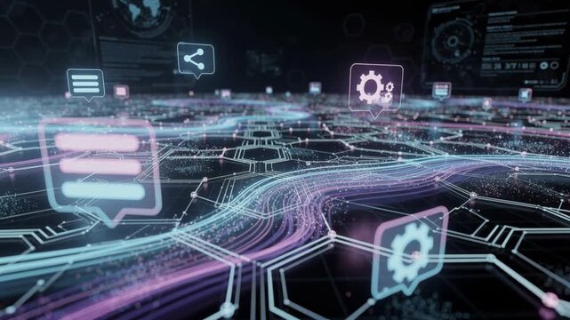 Futuristic digital network interface with glowing data streams and technology icons in cyberspace