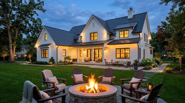 A beautiful, modern farmhouse sits on a lush green lawn under a twilight sky. Warm light spills from the windows and a fire pit, creating a welcoming atmosphere.