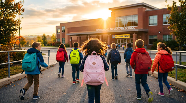 Children with backpacks walking to elementary school building at sunrise