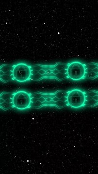 Glowing green padlock icons in digital grid space. Cybersecurity padlock symbol for multi factor account authentication. Digital padlock animation for server privacy.