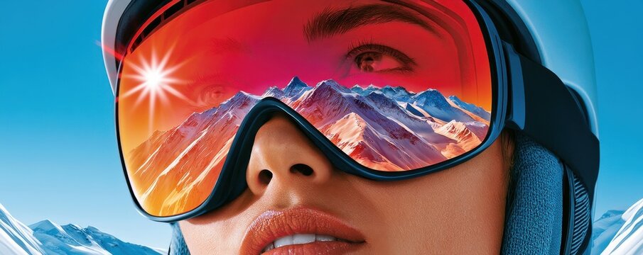 Close-up portrait of woman wearing ski goggles reflecting a snowy mountain landscape at sunset