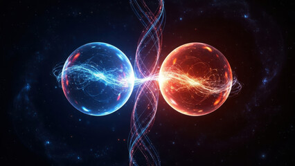 Fototapeta premium Two glowing spheres of energy, one blue and one red, connected by a swirling, twisting strand.