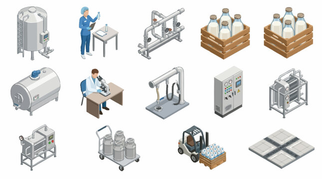 Isometric illustration of modern dairy production and processing equipment.