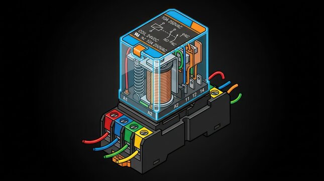 Industrial power relay assembly mounted on din rail base for electrical control cabinets.