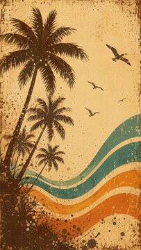 Retro tropical beach art with palm trees and birds flying