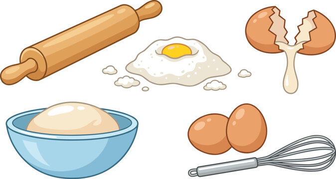 Baking Ingredients and Pastry Preparation Icon Set Featuring Wooden Rolling Pin, Flour Mound with Egg Yolk, Cracked Eggshell, Raw Dough Bowl, and Wire Whisk Vectors