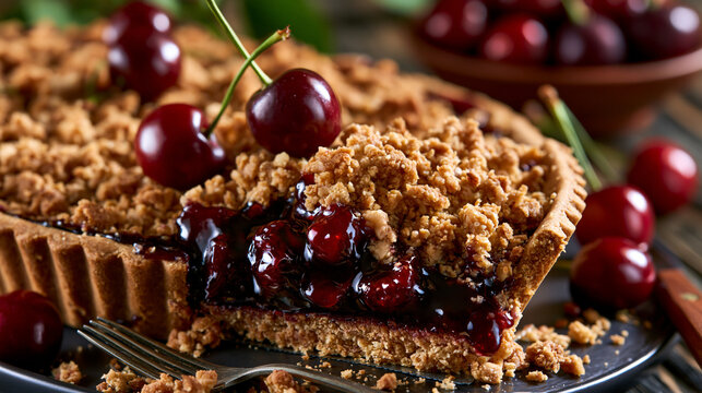 Freshly baked cherry crumble tart with whole cherries and flaky crust, homemade