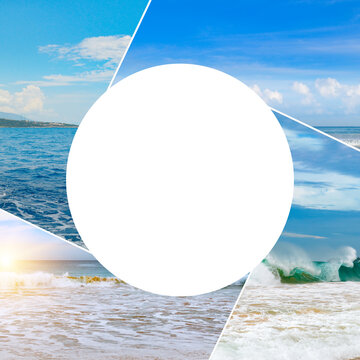 Tropical Sea and Ocean Beach Photos Collage with Circular Copy Space Summer Travel and Vacation Background Montage with Beautiful Seascapes