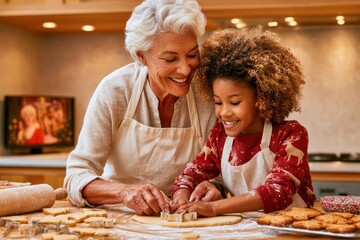 Fototapeta premium Grandmother and granddaughter baking Christmas cookies together in a cozy home kitchen on Christmas Eve