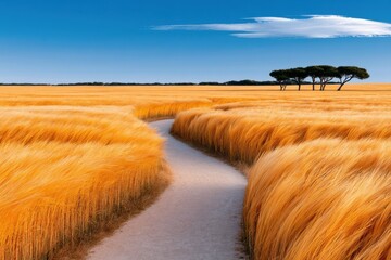 Fototapeta premium Golden wheat field with winding path leading to distant trees under a clear blue sky