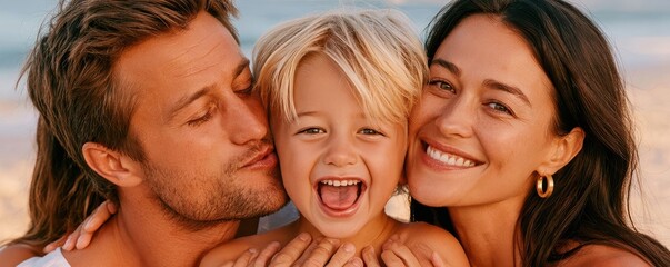 Obraz premium Joyful family portrait on the beach with parents embracing their laughing child at sunset