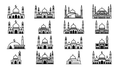 Minimal white mosque icons vector set with Islamic building symbols © MSTParul