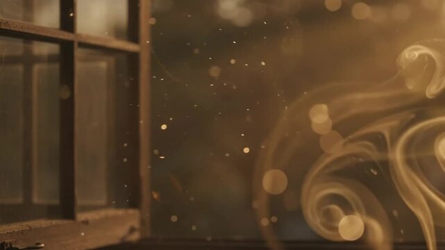 Cinematic Slow Motion Defocused Left-Aligned Vintage Window Frame with Sunset Dust for Nostalgic Background