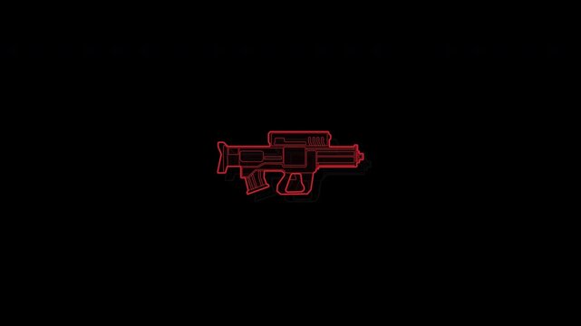 Neon red digital silhouette of a futuristic military rifle.