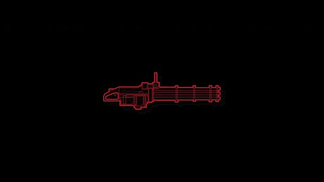 Neon red digital outline of a futuristic Gatling gun animation.
