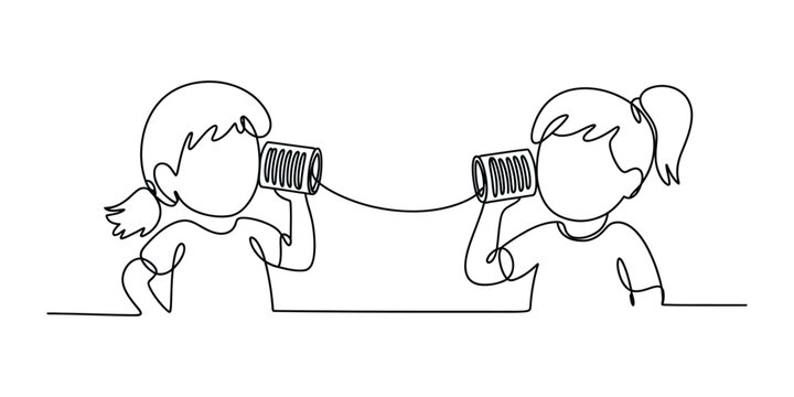 Two children talking with a tin can phone line drawing