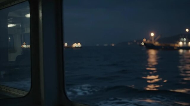 Cinematic Slow Motion Defocused Night Ferry Cabin Window with Swaying Distant Lights for Emotional Journey Background