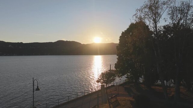 Sunset Drone View of Angera Pier on Lake Maggiore