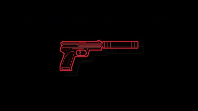 Neon Red Outline of a Silenced Pistol on Black Background.