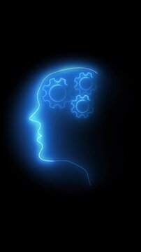 Blue neon profile silhouette of human head with inner gears. Mental health symbol for psychology cognitive logic thinking process. Digital head animation for brain engineering.