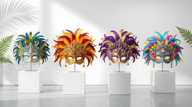 Colorful feathered carnival masks displayed on white pedestals with tropical palm leaves in the background