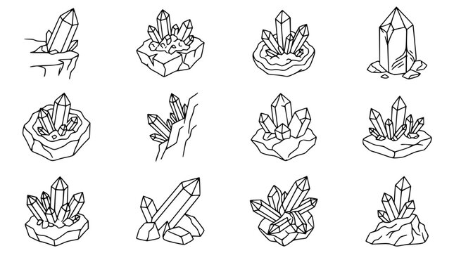 Collection of Hand-Drawn Crystal Clusters and Geodes - Line Art Icons
