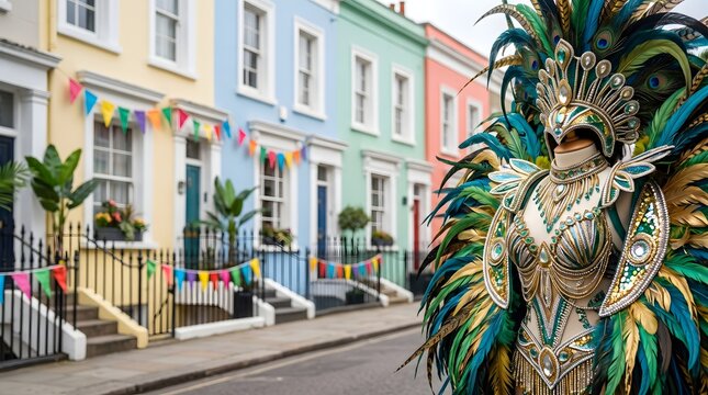 Colorful row houses in London with a vibrant feathered carnival costume in the foreground