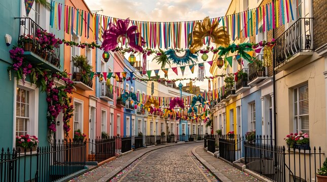 Colorful street decorations and bunting celebrate a festive occasion in a charming European neighborhood setting