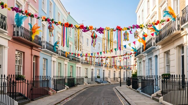 Festive street decorations with colorful bunting and lanterns strung across a row of pastel townhouses in London