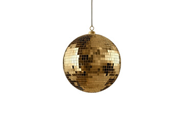 Obraz premium Golden disco ball hanging for party celebration, reflecting light for festive events and nightlife decoration, transparent background