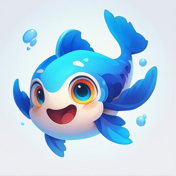 Cute cartoon fish icon with large eyes and blue scales. Happy aquatic animal character for game design or mobile application. Friendly mascot illustration for children education.