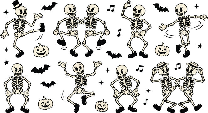 Retro cartoon dancing skeletons collection for halloween on transparent background