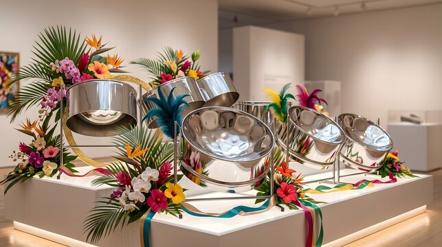 Modern art installation featuring stainless steel bowls adorned with vibrant tropical flowers and foliage in a gallery setting