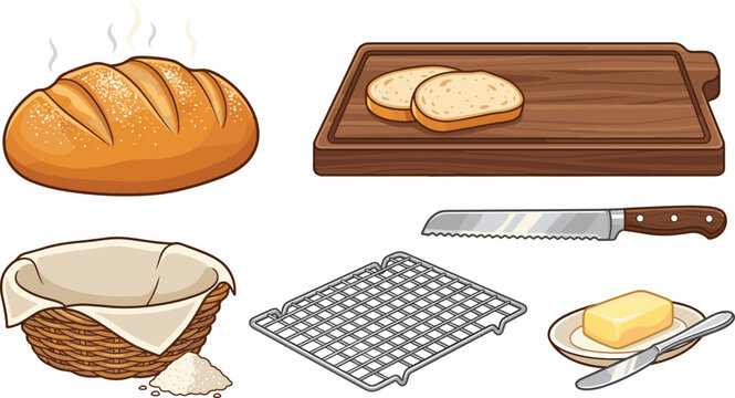 Fresh Homemade Bakery Icon Set Featuring Hot Loaf of Bread, Sliced Bread on Wooden Cutting Board, Serrated Bread Knife, Wicker Basket, Cooling Wire Rack, and Butter Dish Vectors
