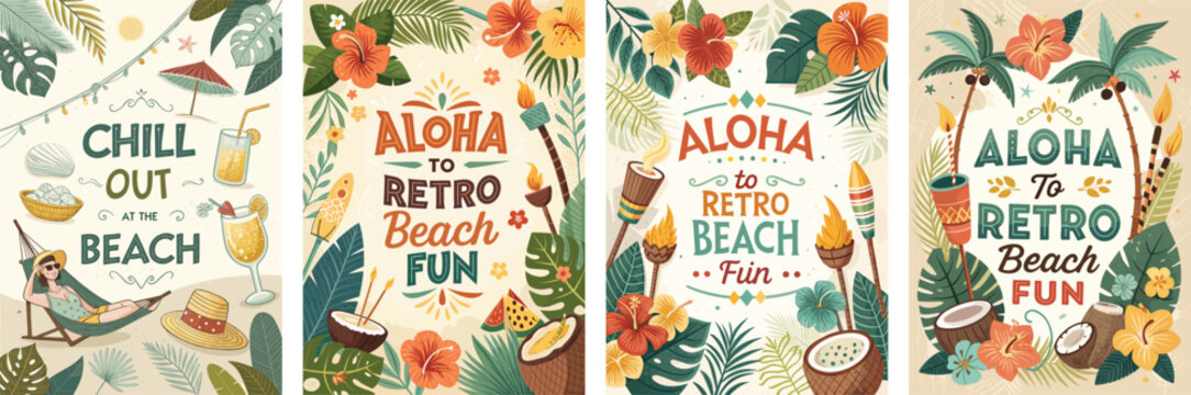 Colorful tropical beach-themed illustrations celebrating fun and relaxation.