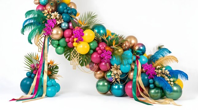 Colorful balloon garland with tropical leaves orchids and peacock feathers on a white background for party decorations