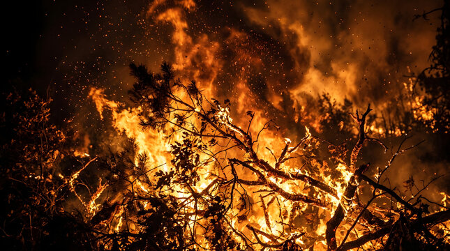 Intense forest wildfire at night with burning trees and sparks