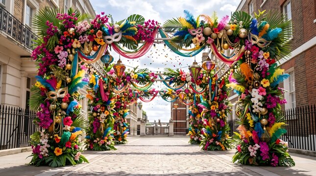 Colorful carnival archway decorated with tropical flowers masks and feathers in a city street setting