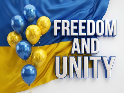 Freedom and unity concept with Ukrainian flag balloons and 3D text on a clean white background