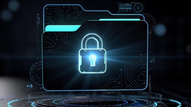 Futuristic digital security concept with glowing locked folder and data protection technology