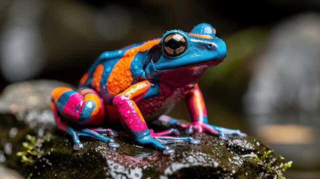 Colorful tropical frog with vibrant blue orange and pink skin sitting on wet mossy surface in rainforest