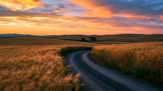 Curved country road through golden wheat fields at sunset with a distant farmhouse and dramatic colorful sky.