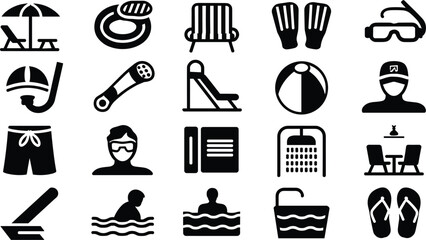 Swimming pool and beach summer holiday icon set with black solid glyph symbols isolated on white background © MDSabbir