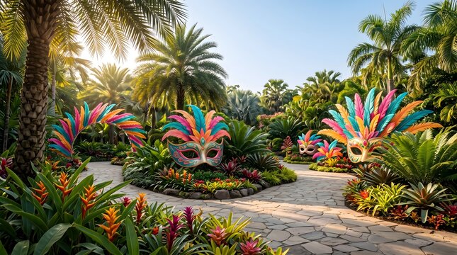 Colorful carnival masks and lush tropical foliage create a vibrant garden display for festive celebrations