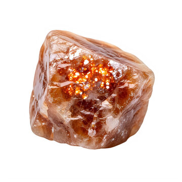 Sparkling orange sunstone crystal specimen isolated on transparent background with mineral specimen deep