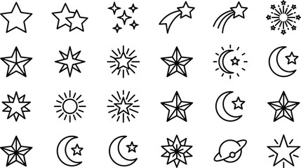 Star and moon line icon set with crescent comet planet saturn fireworks sparkle shine and rating symbols vector © Sabbir Studio