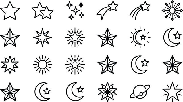Star and moon line icon set with crescent comet planet saturn fireworks sparkle shine and rating symbols vector