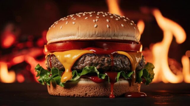 Delicious cheeseburger with fresh lettuce tomato and melted cheddar cheese in sesame bun close up with fire background
