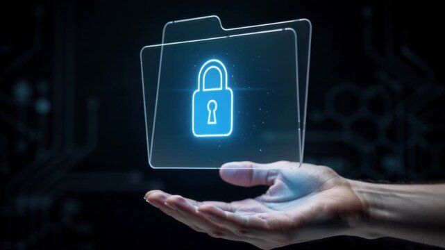 Hand holding digital folder with glowing lock icon representing data security and online protection